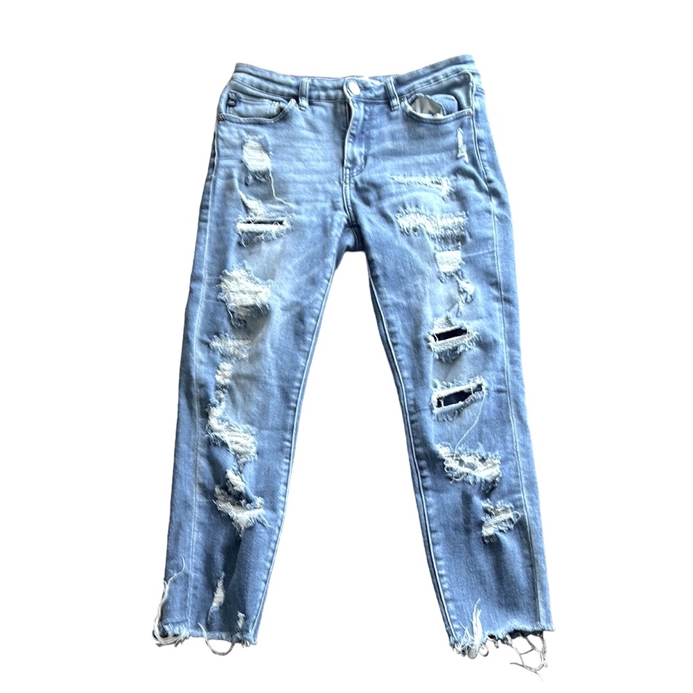 Kan Can Distressed cute women’s stretch skinny mid rise jeans